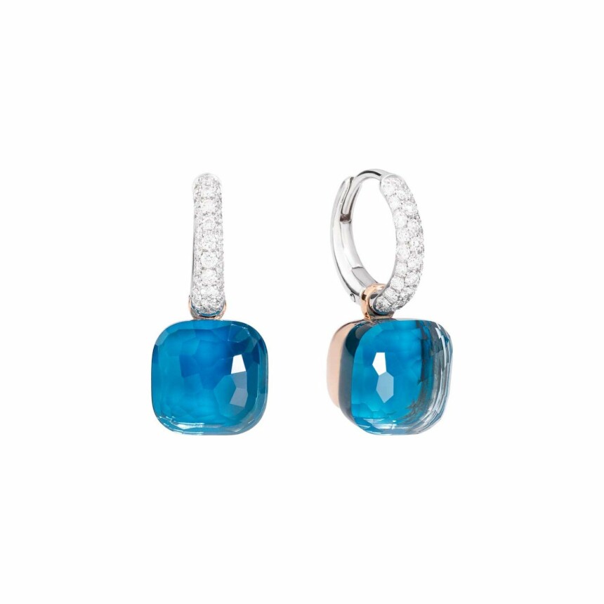 Pomellato Nudo earrings in white gold, rose gold, London blue topaz, turquoise and diamonds